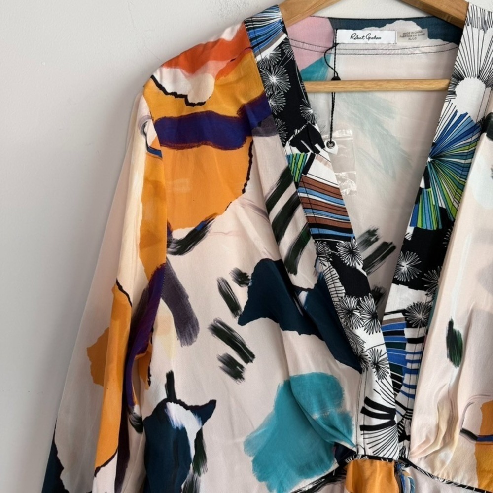 Robert Graham Silk Abstract Print Blouse Top XL Artsy Boho Art to Wear Boho - Picture 4 of 15